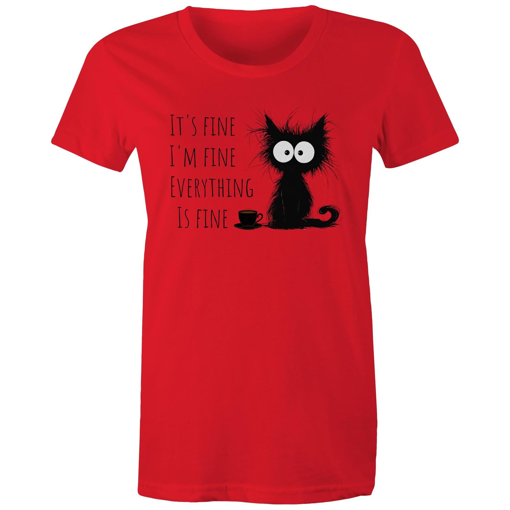 It's Fine, I'm Fine, Frazzled Cat - Womens T-shirt Red