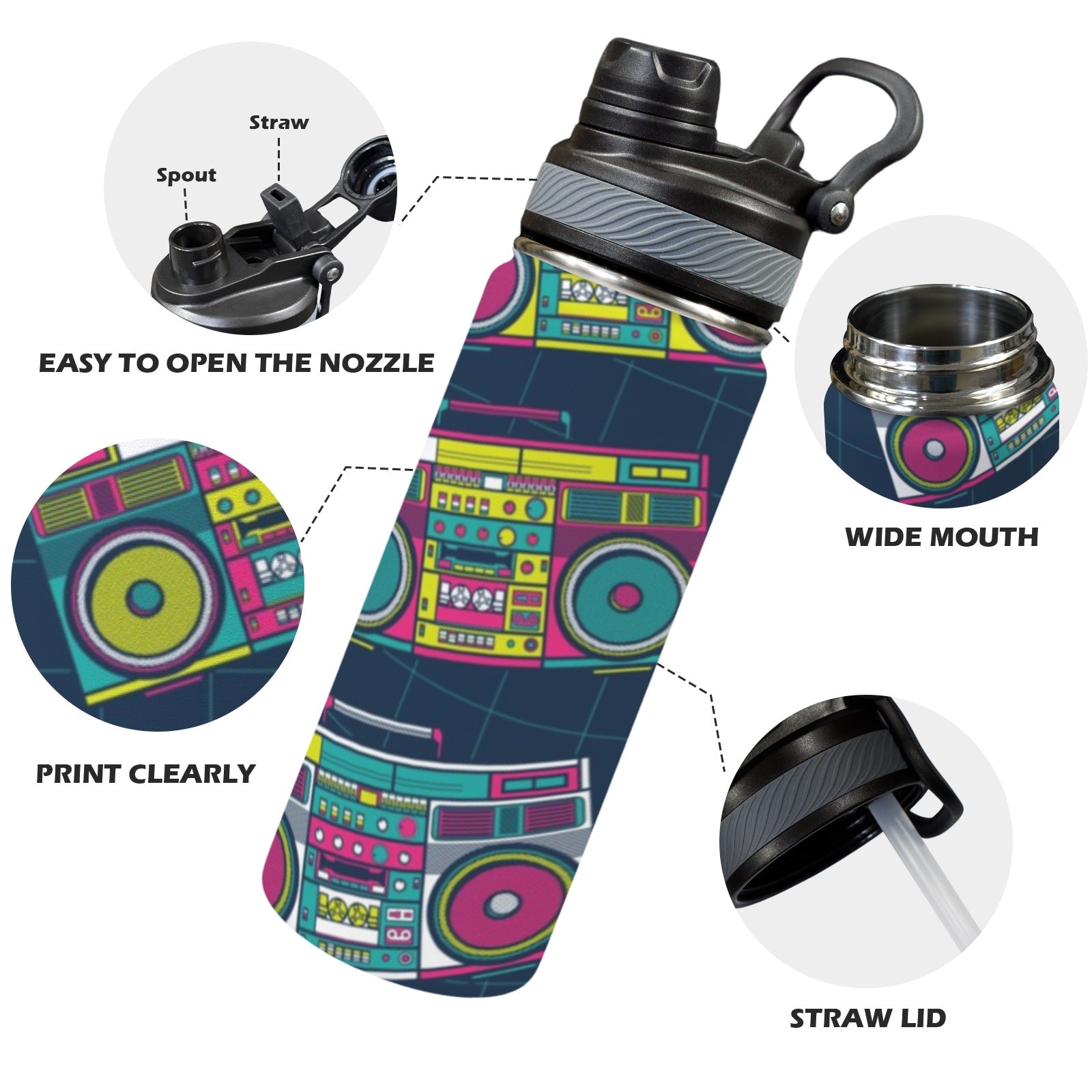 Boombox - Insulated Water Bottle with Dual-Use Lid (18oz) Insulated Water Bottle with Dual-Use Lid (18oz) Music Printed Offshore Retro