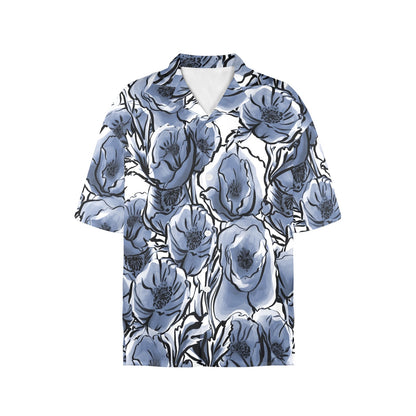 Blue And White Floral - Womens Hawaiian Shirt