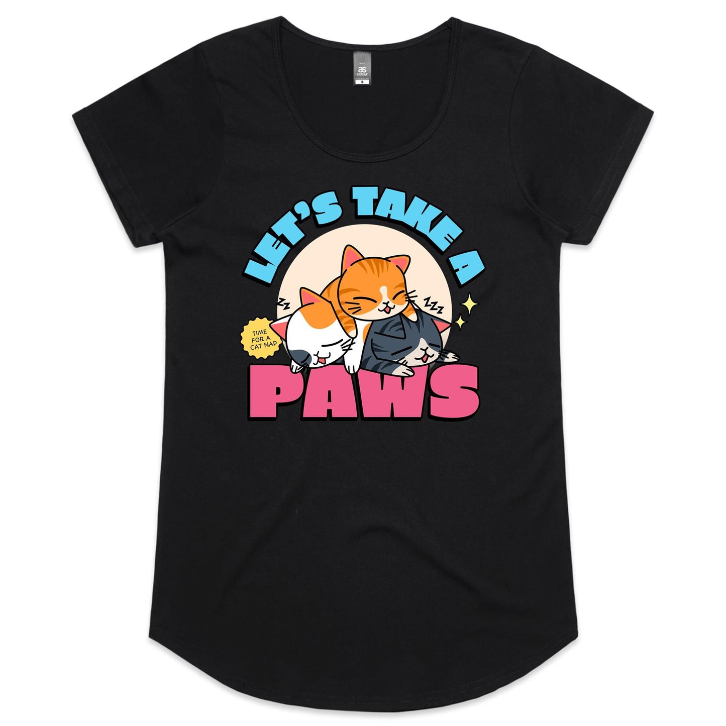 Let's Take A Paws, Time For A Cat Nap - Womens Scoop Neck T-Shirt Black Womens Scoop Neck T-shirt animal