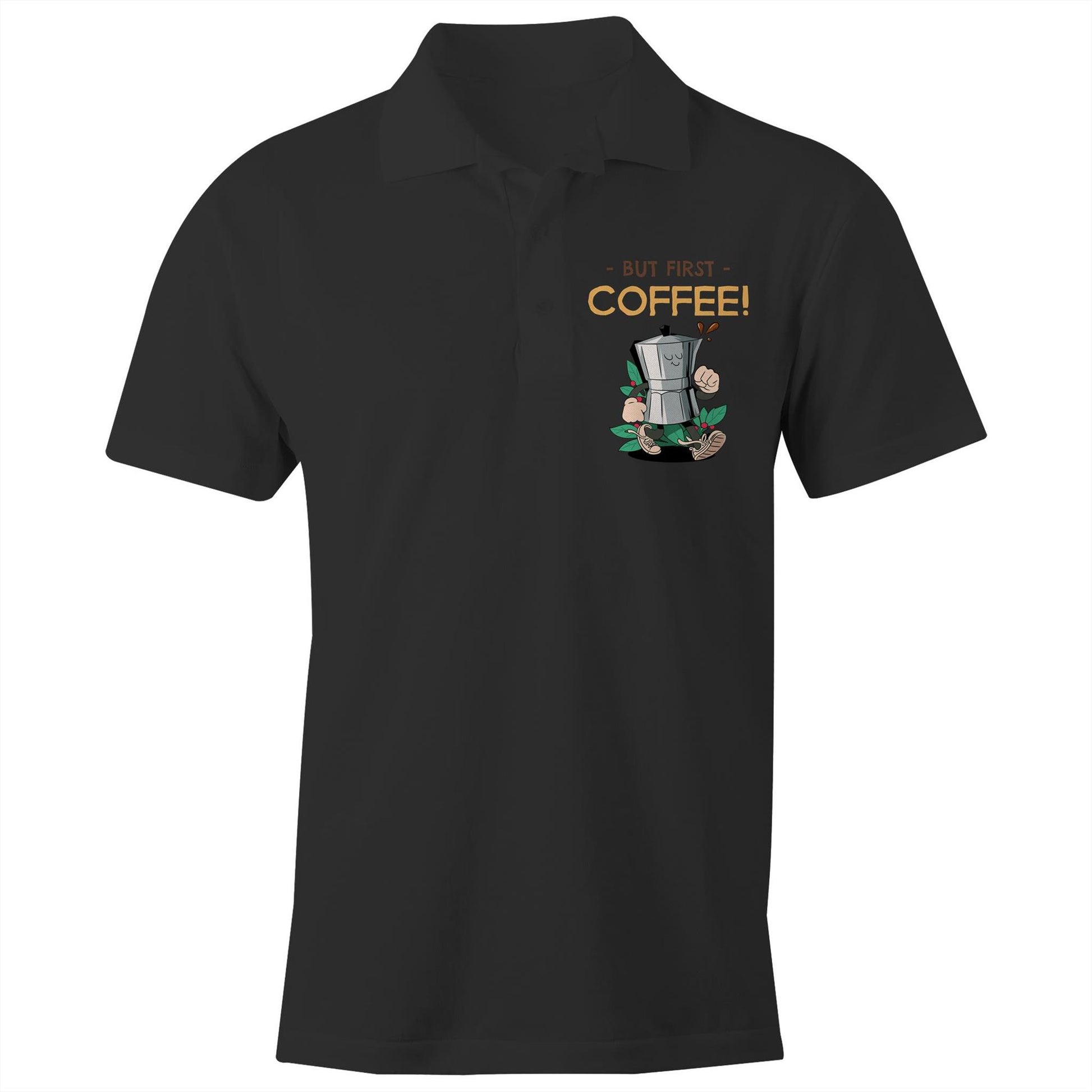 But First, Coffee - Chad S/S Polo Shirt, Printed Black Polo Shirt Coffee Retro