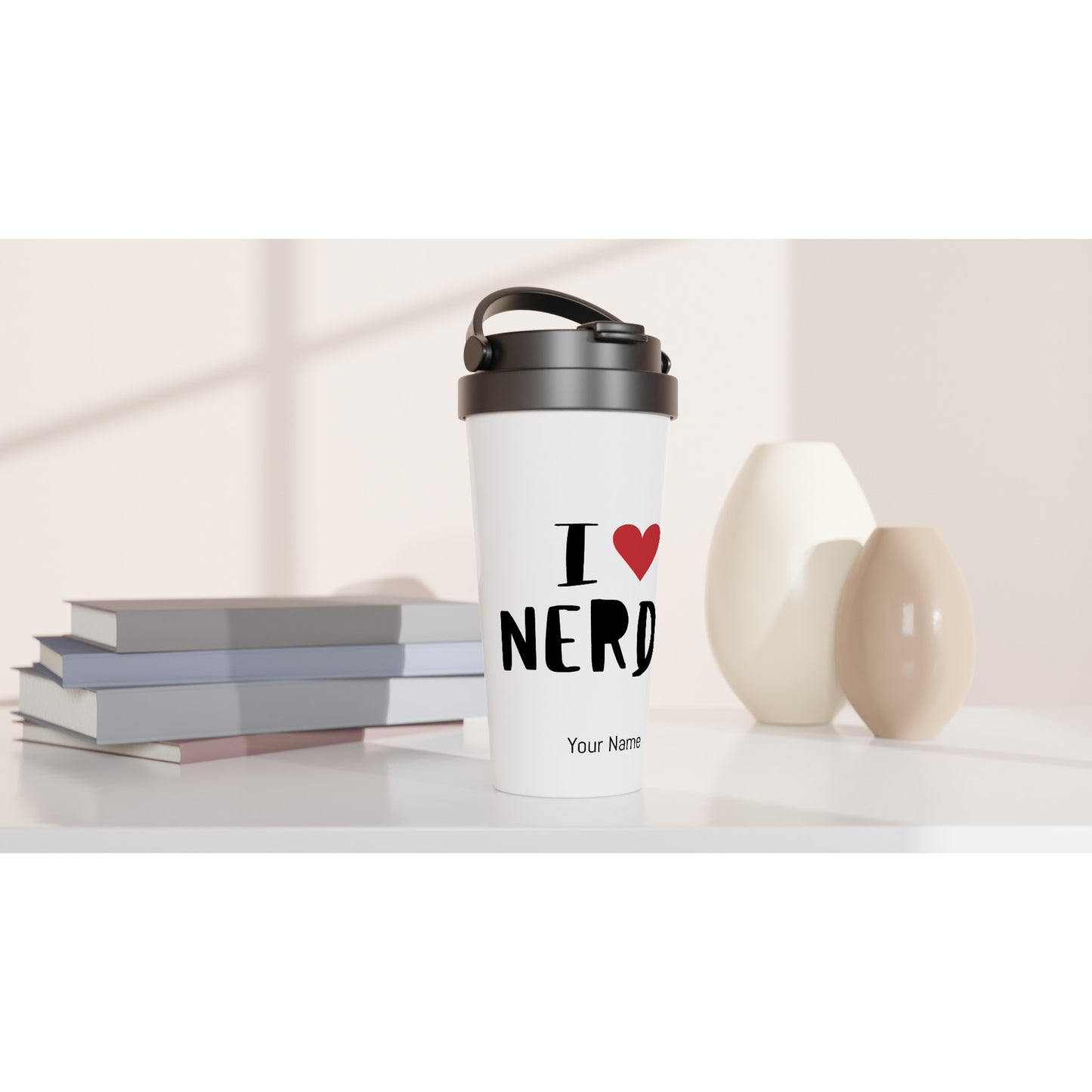 Personalised - I Love Nerds, Red Heart - White 15oz Stainless Steel Travel Mug Personalised Travel Mug Customise Funny Globally Fulfilled Personalise