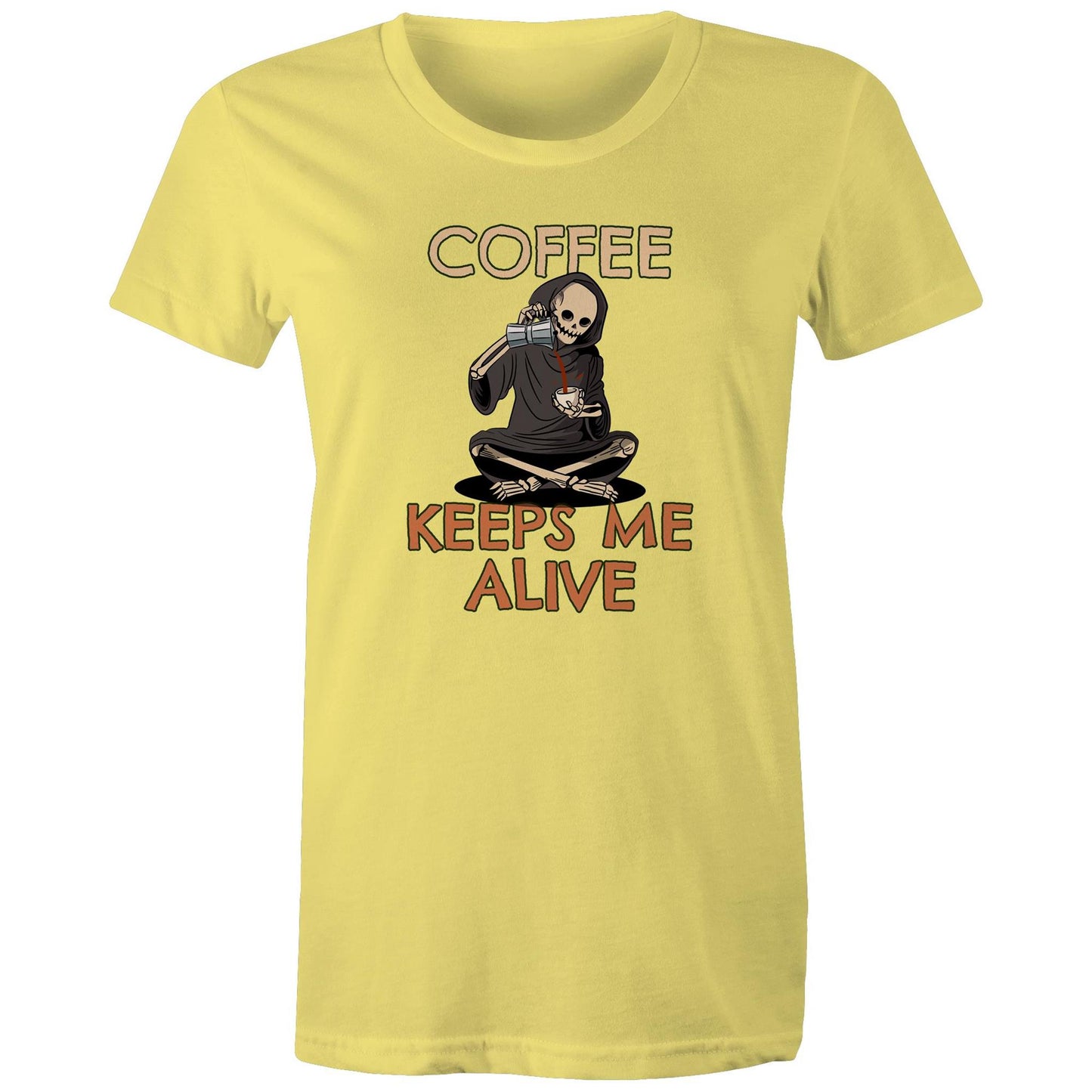 Skeleton, Coffee Keeps Me Alive - Womens T-shirt Yellow Womens T-shirt Coffee
