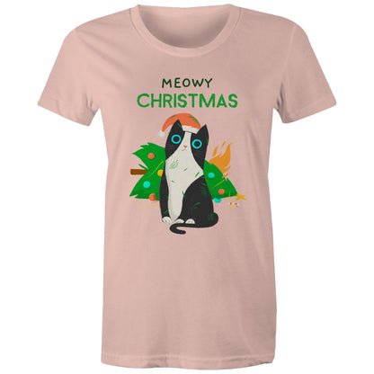 Meowy Christmas - Womens T-shirt Pale Pink Womens Christmas T-shirt Christmas Printed In Australia