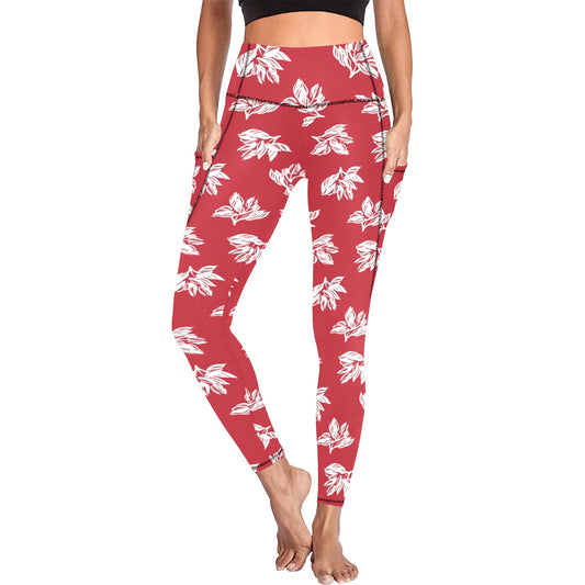 Red Retro Foliage, Hawaiian Flower - Women's Leggings with Pockets