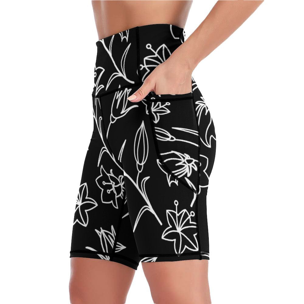 Black And White Floral - Womens Knee-Length Yoga Shorts Yoga Shorts Plants Printed Offshore