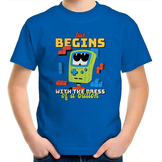 Fun Begins With The Press Of A Button, Video Game - Kids Youth T-Shirt