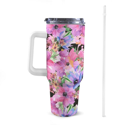 Bright Pink Floral - 40oz Tumbler with White Handle