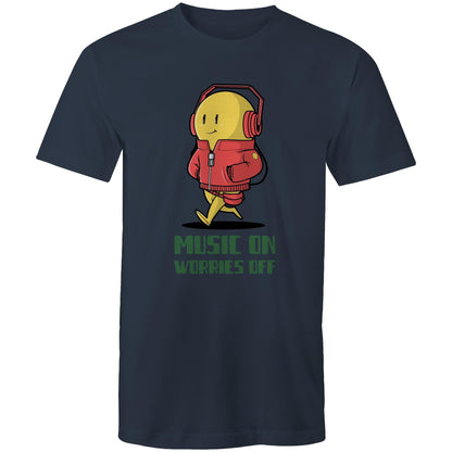 Music On, Worries Off - Mens T-Shirt Navy Mens T-shirt Music Printed In Australia