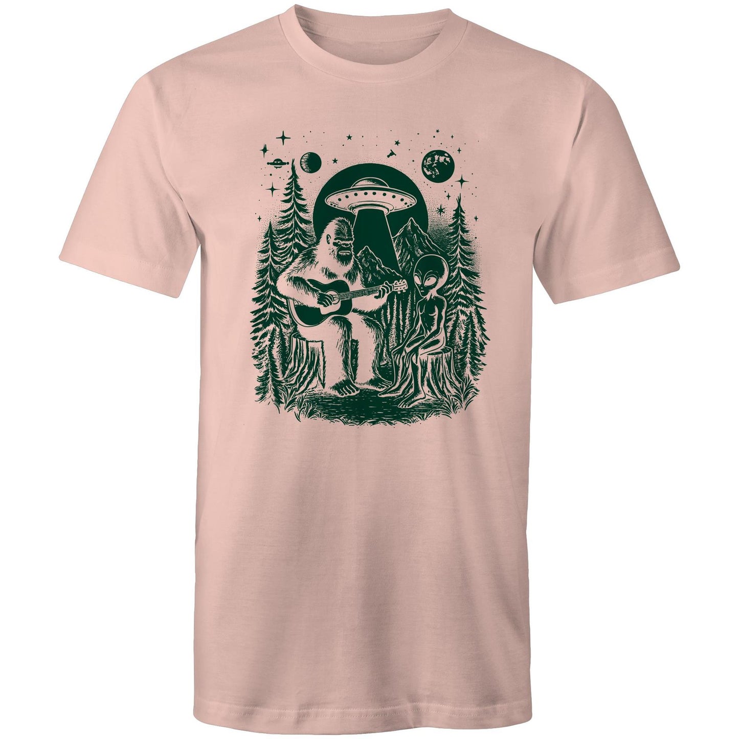 Alien And Bigfoot Play Guitar - Mens T-Shirt Pale Pink Mens T-shirt Music Printed In Australia Sci Fi