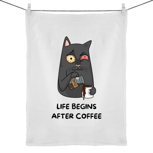 Cat, Life Begins After Coffee - 50% Linen 50% Cotton Tea Towel Default Title Tea Towel animal Coffee