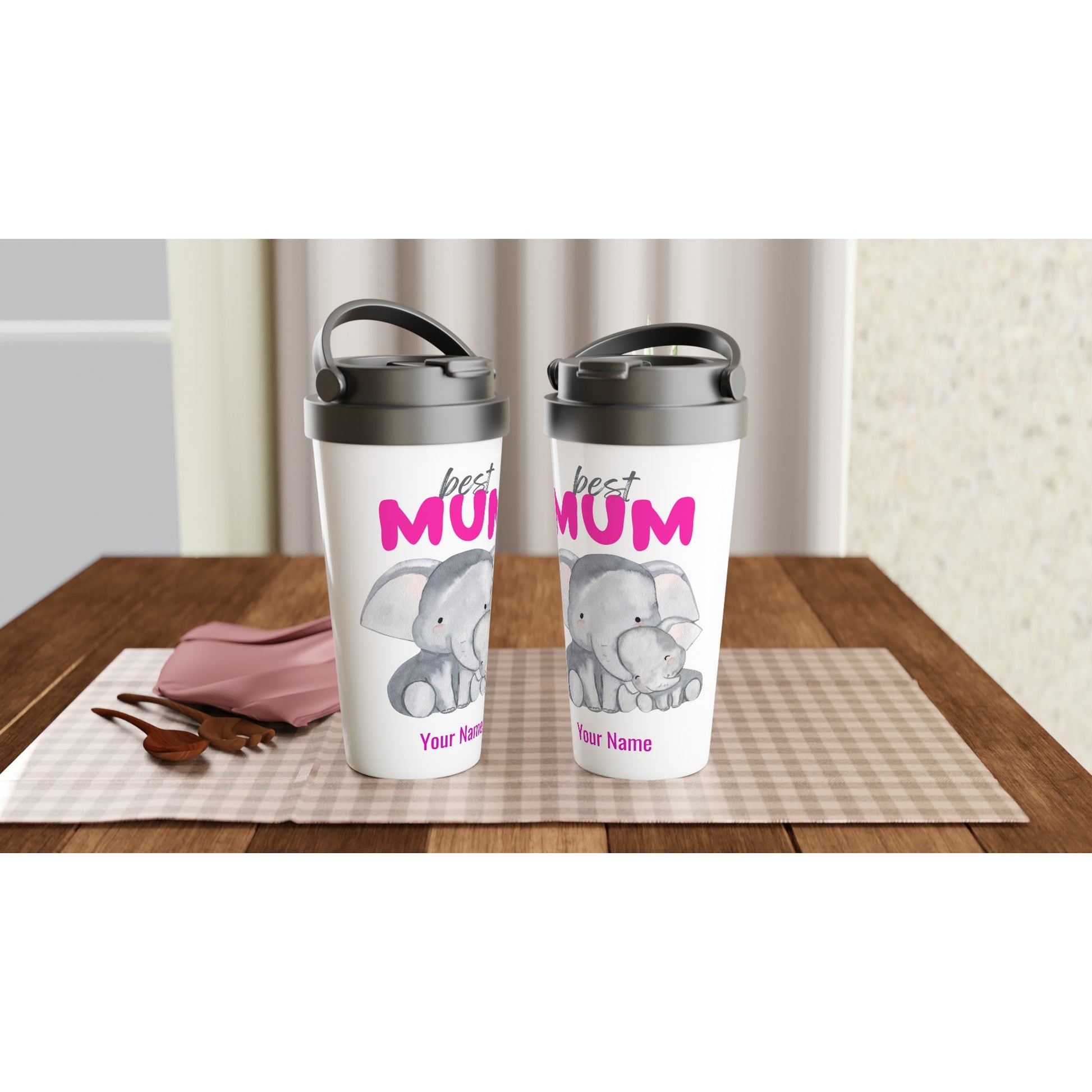 Personalised - Best Mum, Cute Elephants - White 15oz Stainless Steel Travel Mug Personalised Travel Mug animal Mum