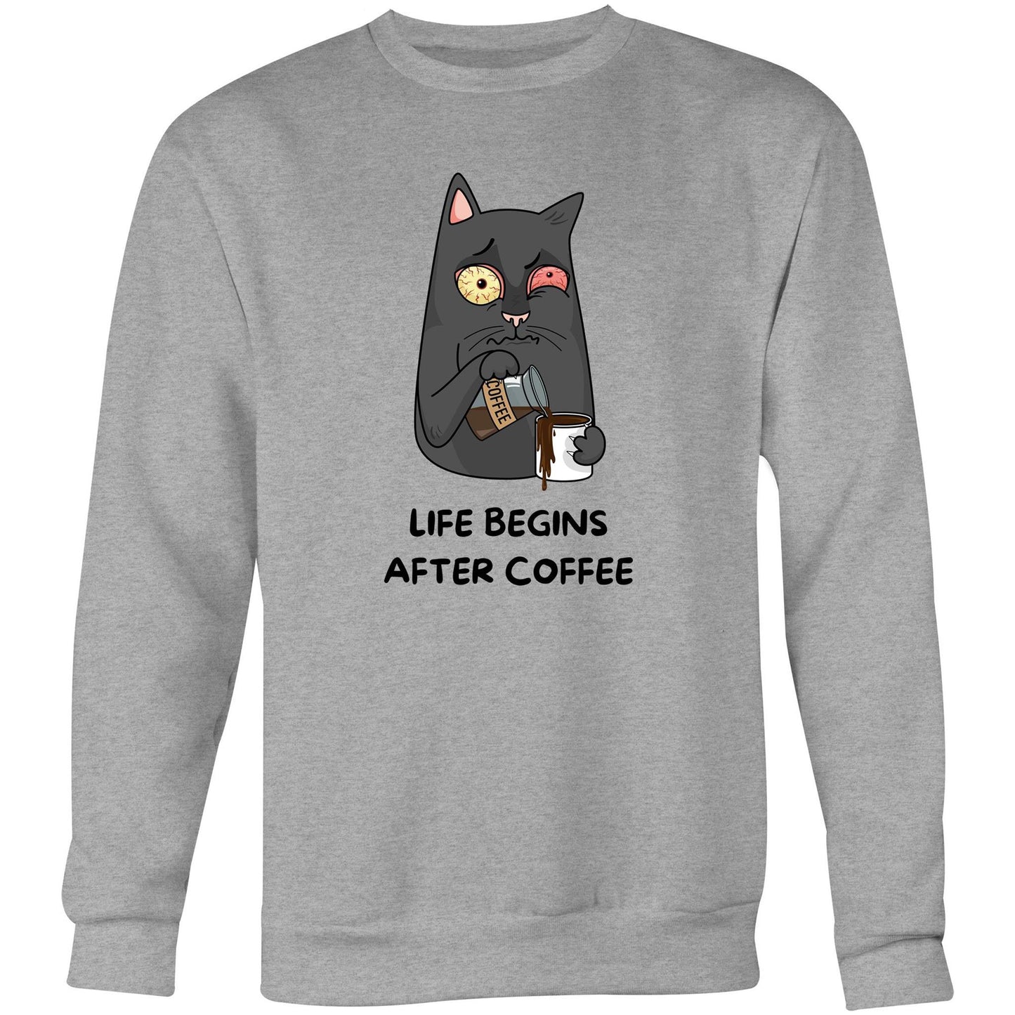 Cat, Life begins After Coffee - Crew Sweatshirt Grey Marle Sweatshirt animal Coffee