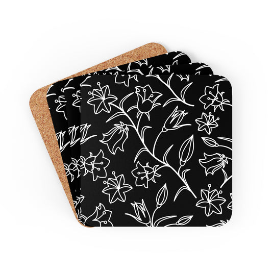 Black And White Floral - Corkwood Coaster Set Cork 3.75" × 3.75" Square Coaster