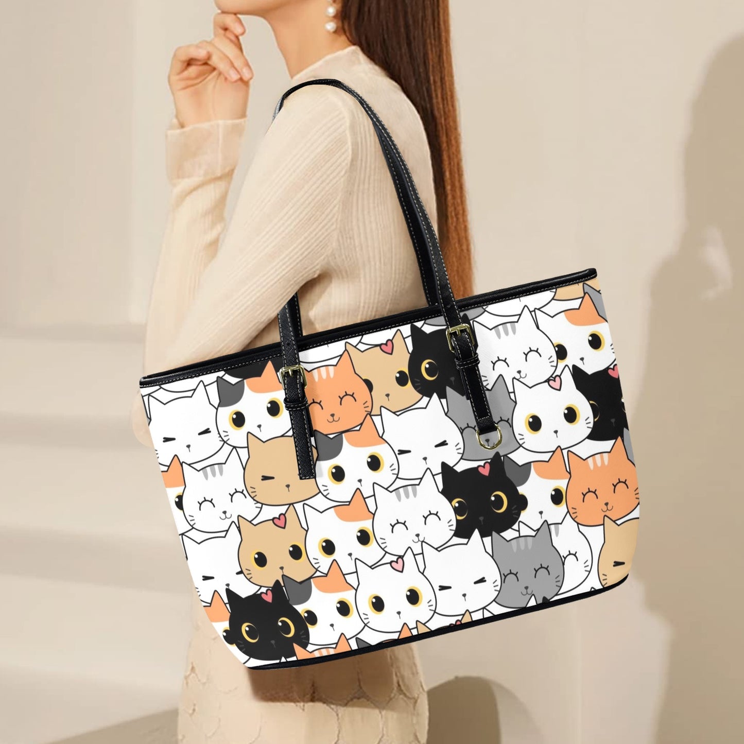 Cute Cartoon Cats - Leather Tote Bag-Large