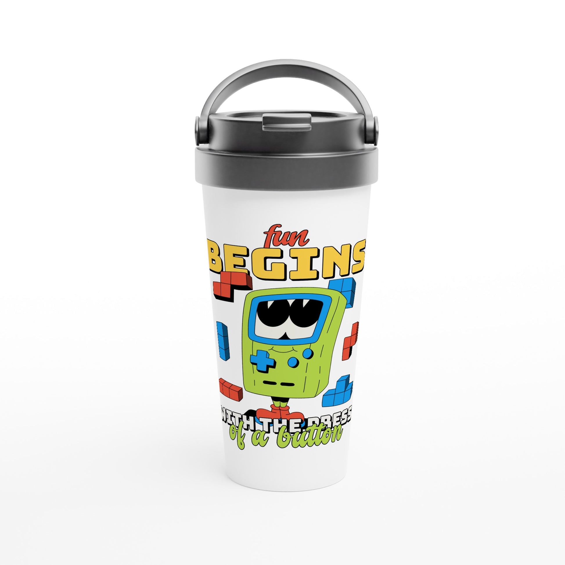 Fun Begins With The Press Of A Button - White 15oz Stainless Steel Travel Mug Default Title Travel Mug Games Globally Fulfilled