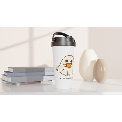 My Morning Boo, Ghost Coffee - White 15oz Stainless Steel Travel Mug Travel Mug Coffee Sci Fi