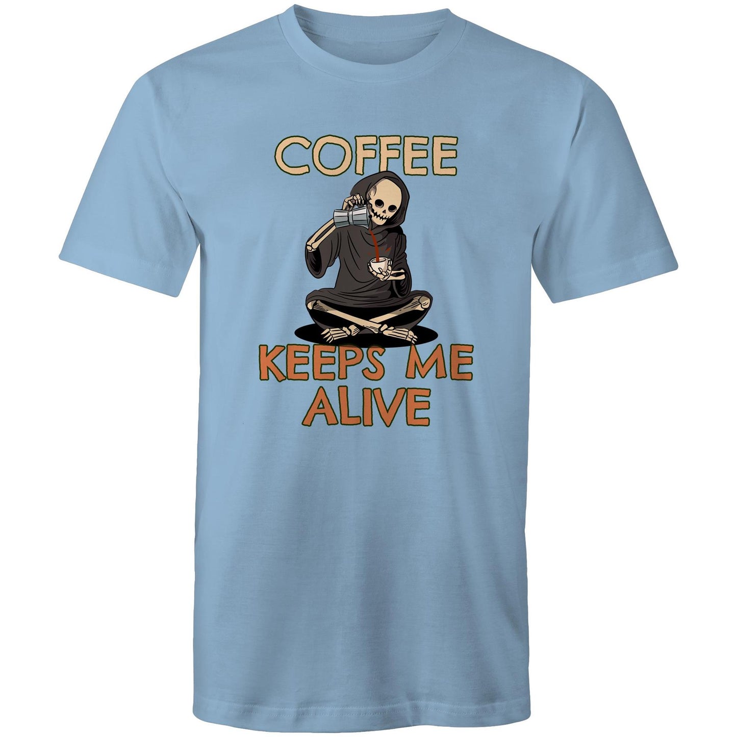 Coffee Keeps Me Alive, Skeleton - Mens T-Shirt Carolina Blue Mens T-shirt Coffee Printed In Australia