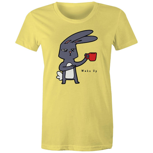 Wake Up, Coffee Rabbit - Womens T-shirt Yellow Womens T-shirt animal Coffee