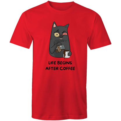 Cat, Life Begins After Coffee - Mens T-Shirt Red Mens T-shirt animal Coffee Funny