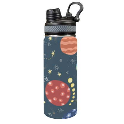 Rocket and Planets In Space - Insulated Water Bottle with Dual-Use Lid (18oz)