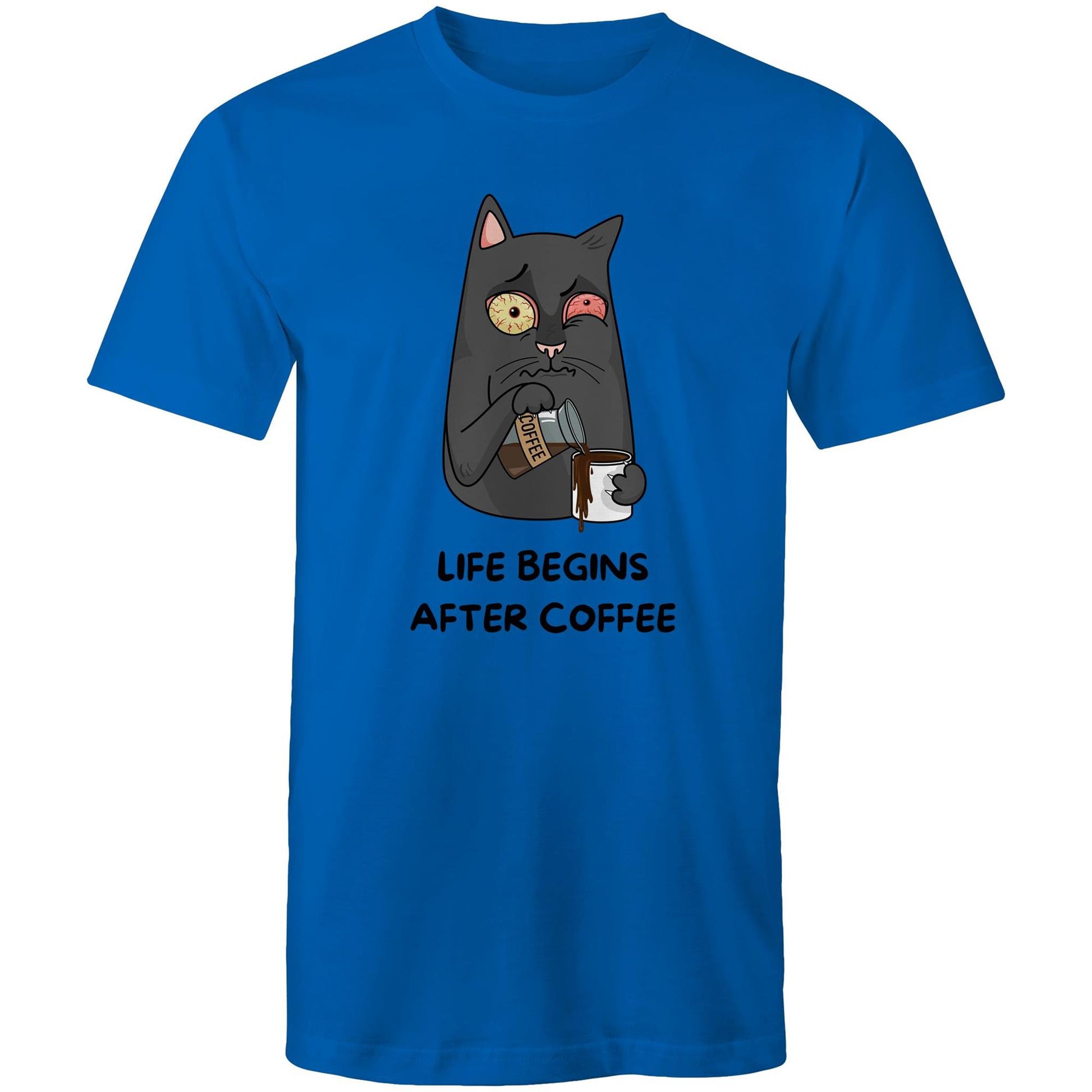 Cat, Life Begins After Coffee - Mens T-Shirt Bright Royal Mens T-shirt animal Coffee Funny