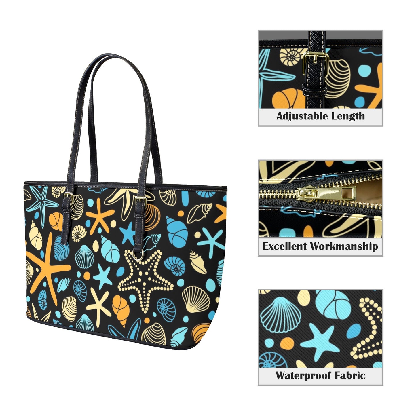 Starfish And Shells - Leather Tote Bag-Large