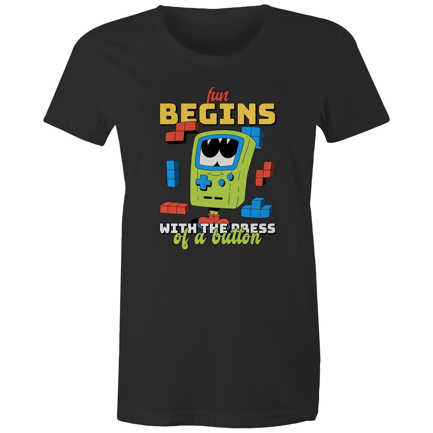 Fun Begins With The Press OF A Button, Game - Womens T-shirt Black Womens T-shirt Games Printed In Australia