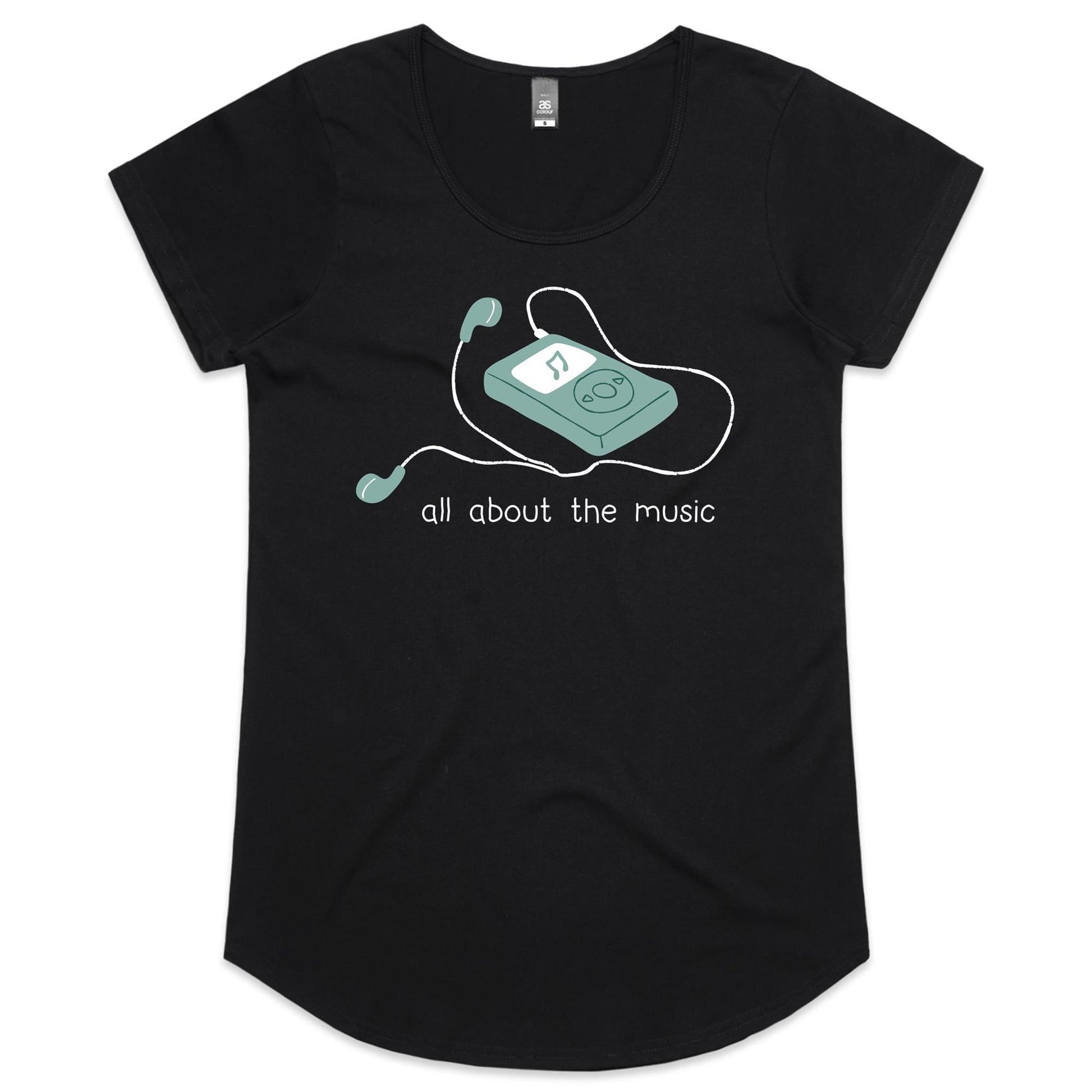 All About The Music, Music Player - Womens Scoop Neck T-Shirt Black Womens Scoop Neck T-shirt music retro tech