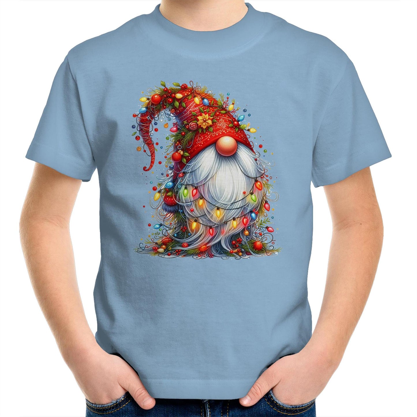 Christmas Gnome Wrapped In Lights - Kids Youth T-Shirt Carolina Blue Kids Christmas T-shirt Christmas Printed In Australia