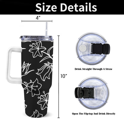 Black And White Floral - 40oz Tumbler with White Handle