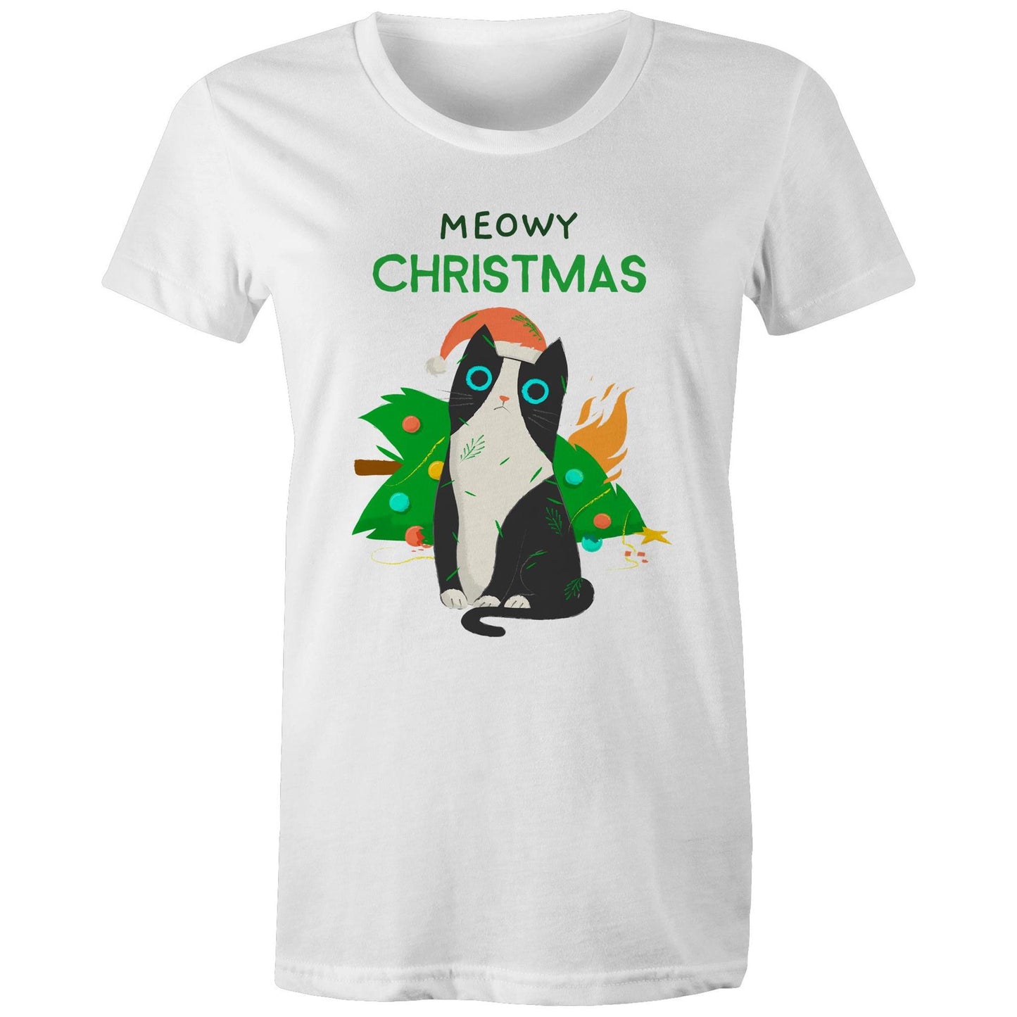 Meowy Christmas - Womens T-shirt White Womens Christmas T-shirt Christmas Printed In Australia