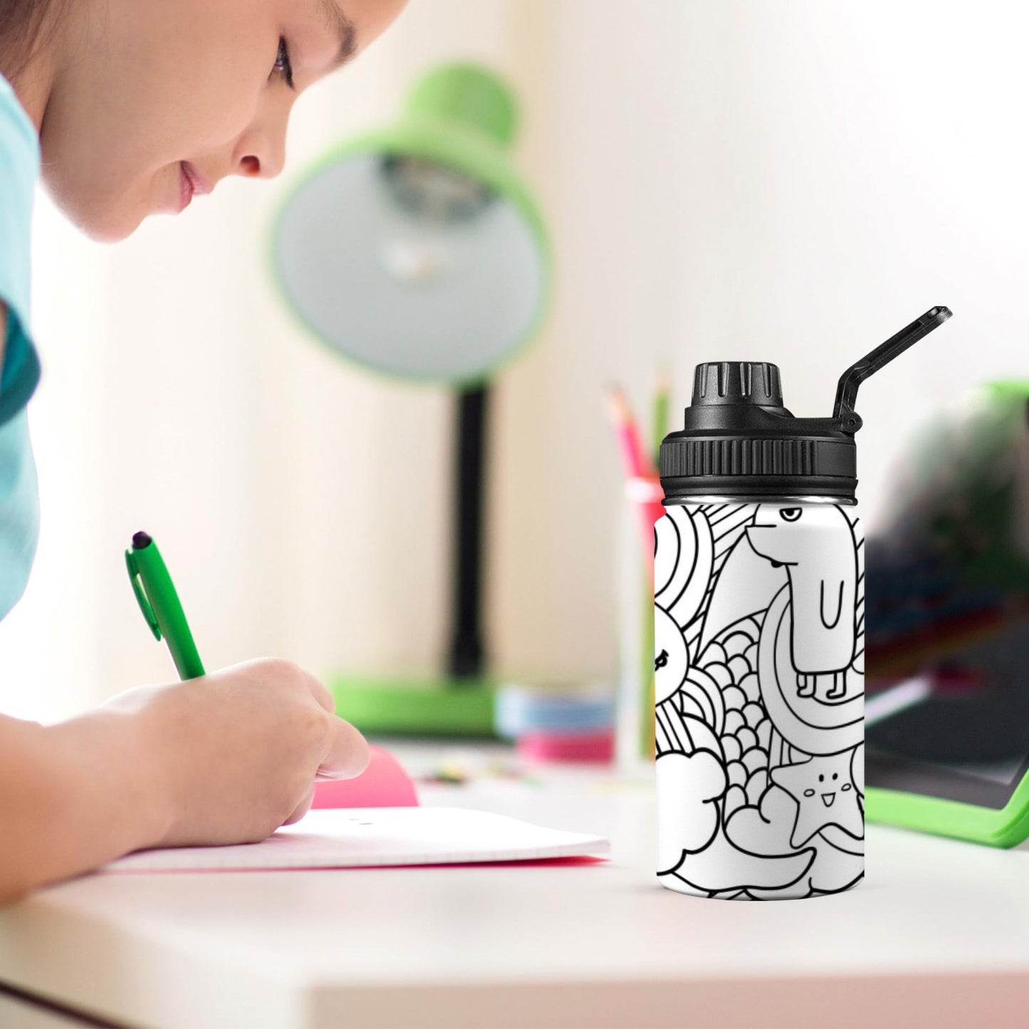 Black And White Creatures - Kids Water Bottle with Chug Lid (12 oz)