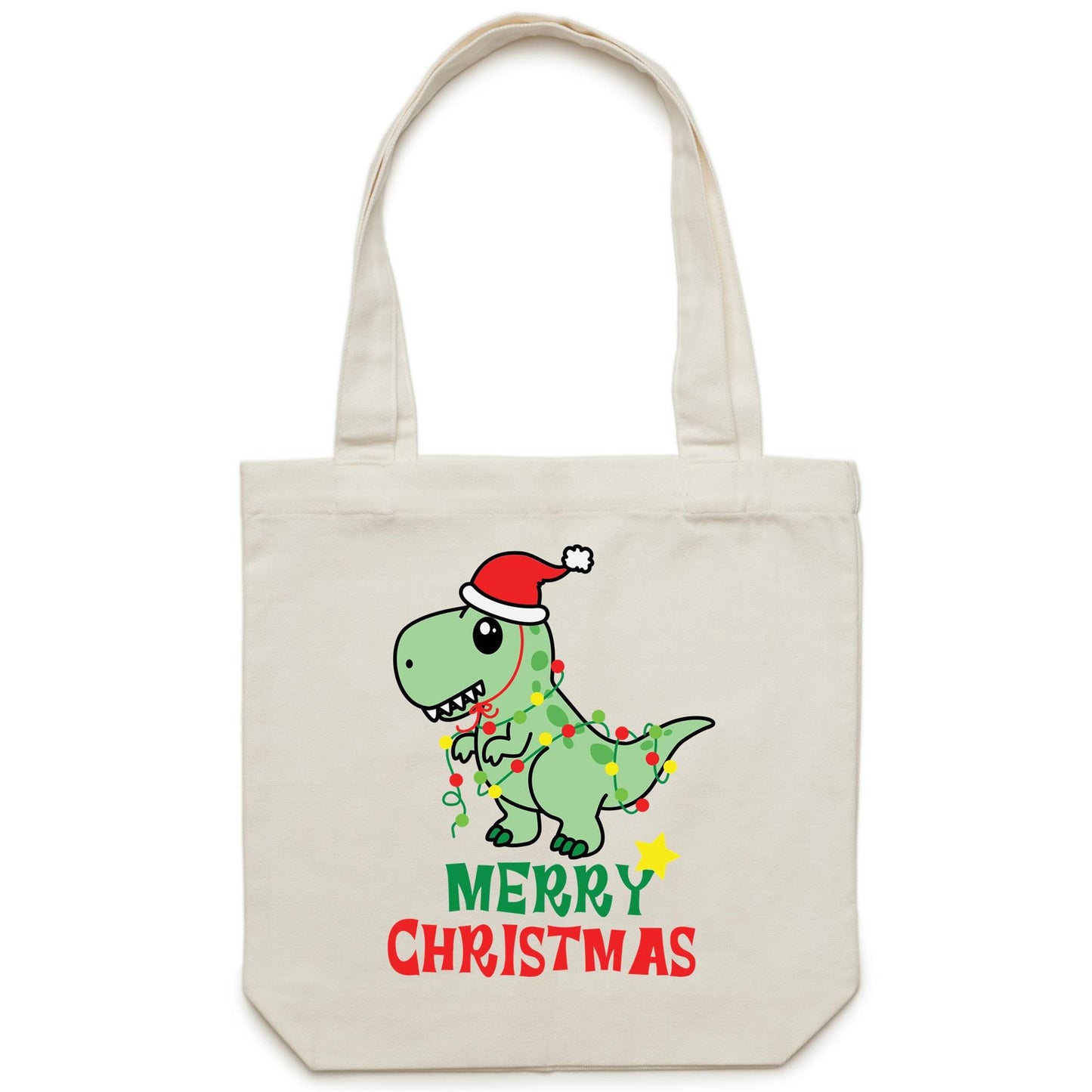 Dinosaur Santa, Merry Christmas - Canvas Tote Bag Cream One Size Christmas Tote Bag Christmas Printed In Australia