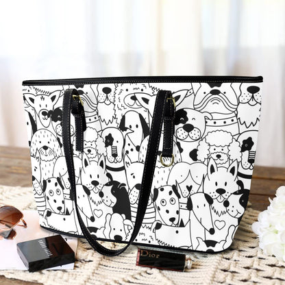 Black And White Dogs - Leather Tote Bag-Large