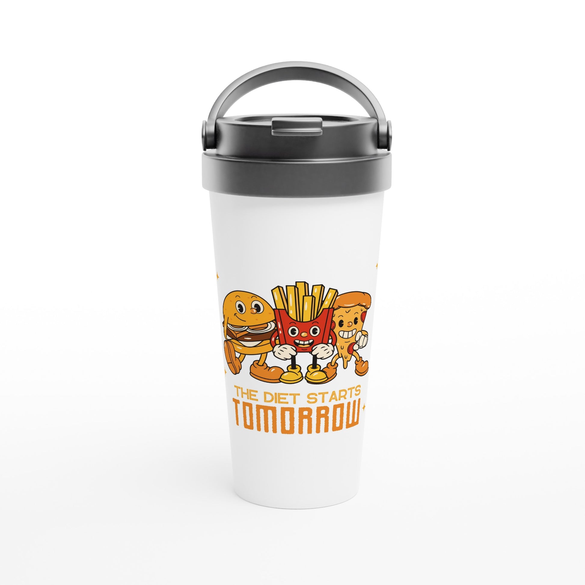 The Diet Starts Tomorrow, Hamburger, Pizza, Fries - White 15oz Stainless Steel Travel Mug Default Title Travel Mug Food Globally Fulfilled Retro