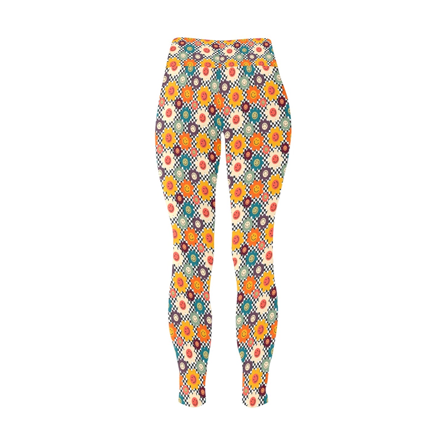 Happy Retro Flowers - Womens High Waist Leggings (Sizes 16-22)