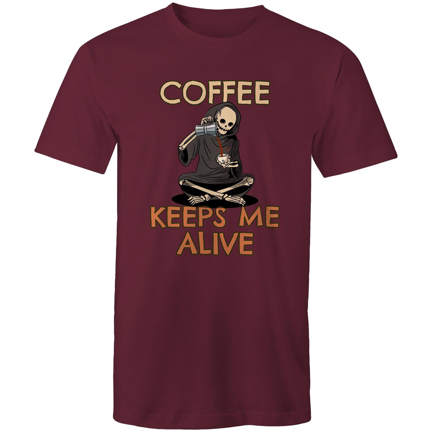 Skeleton, Coffee Keeps Me Alive - Mens T-Shirt Burgundy Mens T-shirt Coffee
