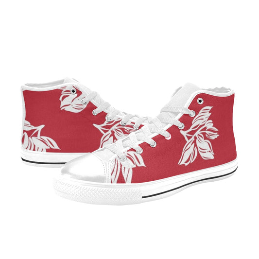 Red Retro Foliage, Hawaiian Flower - Kids High Top Canvas Shoes