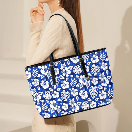 Blue Hawaiian Floral - Leather Tote Bag-Large (Front&Back Printing) (1651)