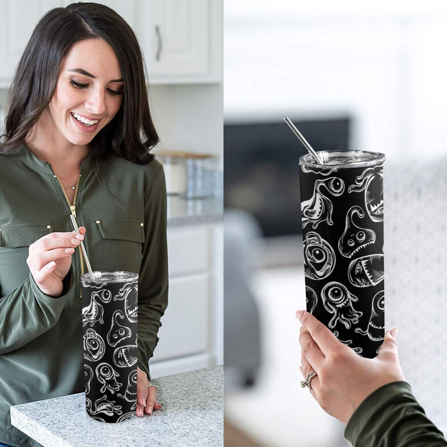 Monsters In Black And White - 20oz Tall Skinny Tumbler with Lid and Straw