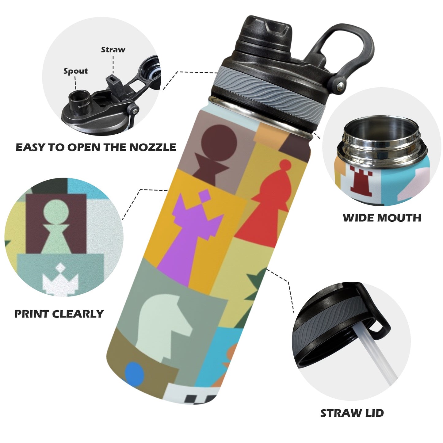 Colourful Chess - Insulated Water Bottle with Dual-Use Lid (18oz)