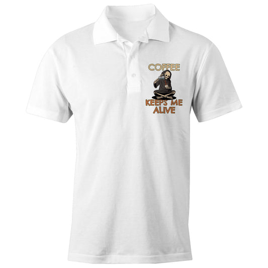 Skeleton, Coffee Keeps Me Alive - Chad S/S Polo Shirt, Printed White Polo Shirt Coffee