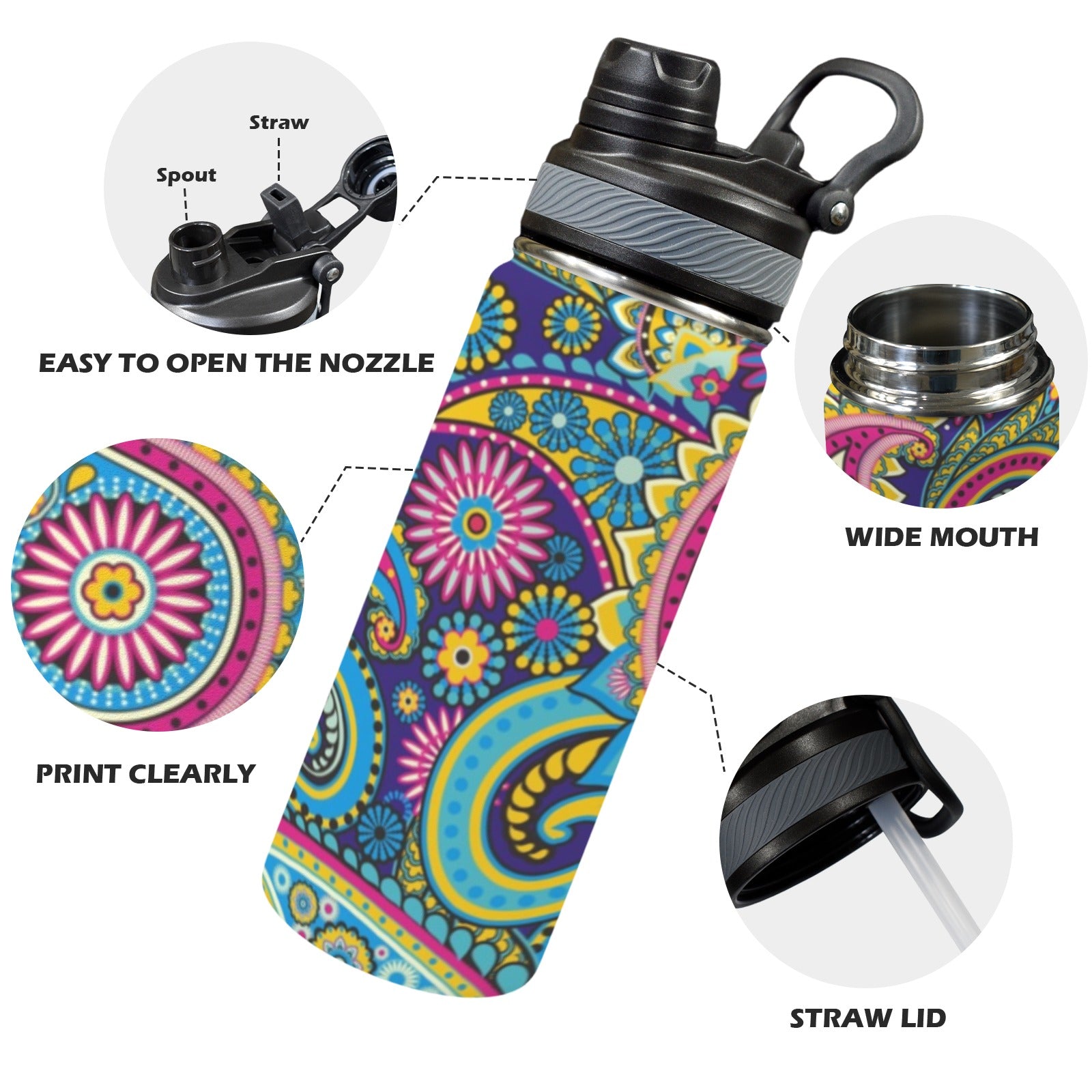 Blue Paisley - Insulated Water Bottle with Dual-Use Lid (18oz) Insulated Water Bottle with Dual-Use Lid (18oz) Printed Offshore