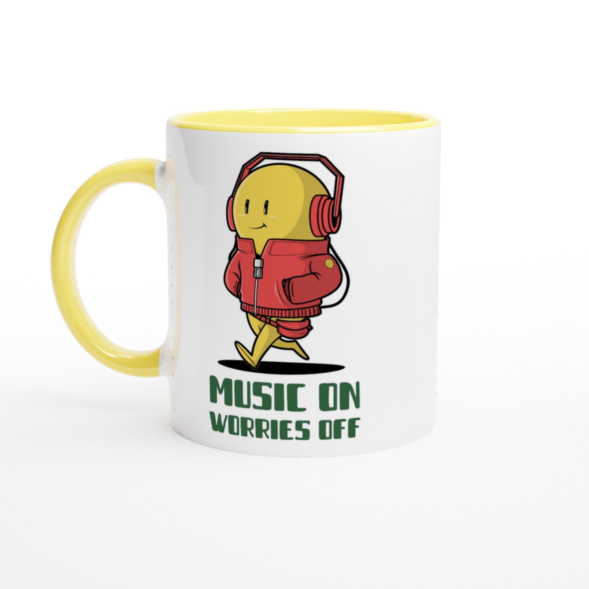 Music On, Worries Off - White 11oz Ceramic Mug with Colour Inside Ceramic Yellow Colour 11oz Mug Music