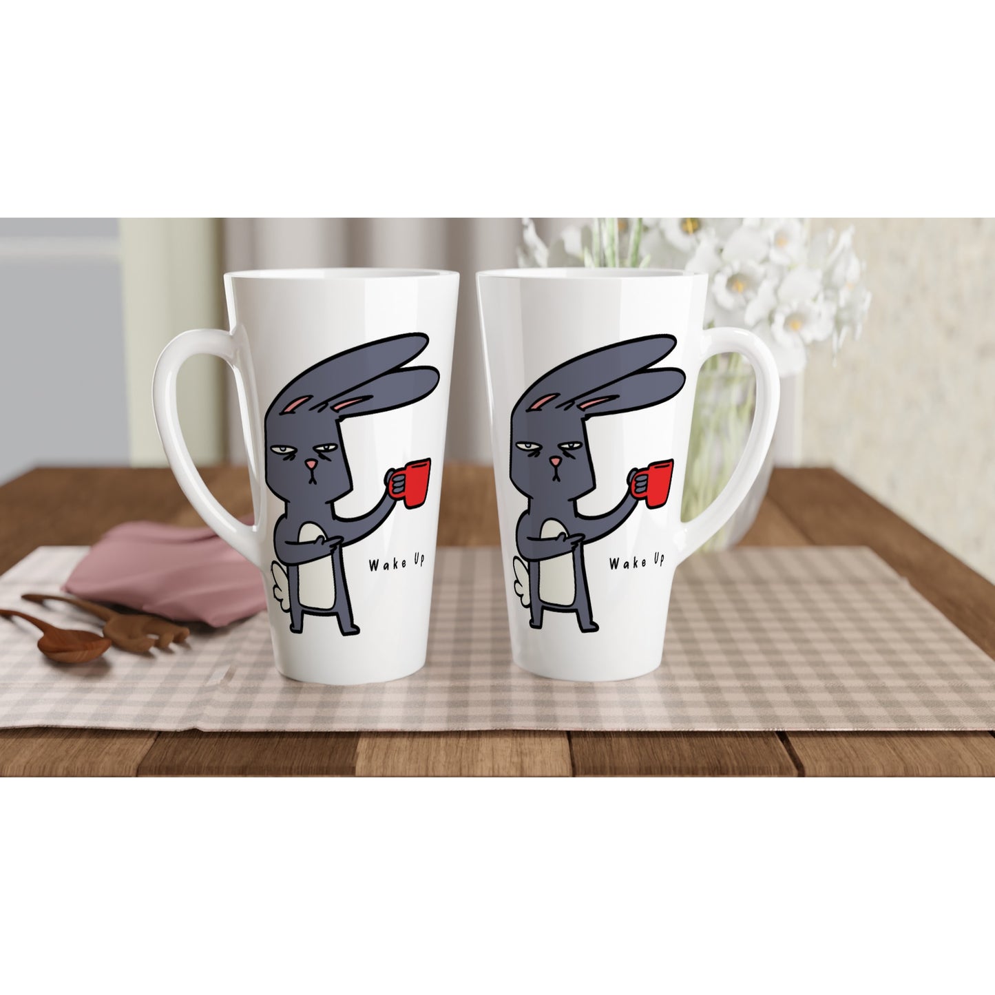 Wake Up, Rabbit, Coffee - White Latte 17oz Ceramic Mug Latte Mug animal Coffee Globally Fulfilled