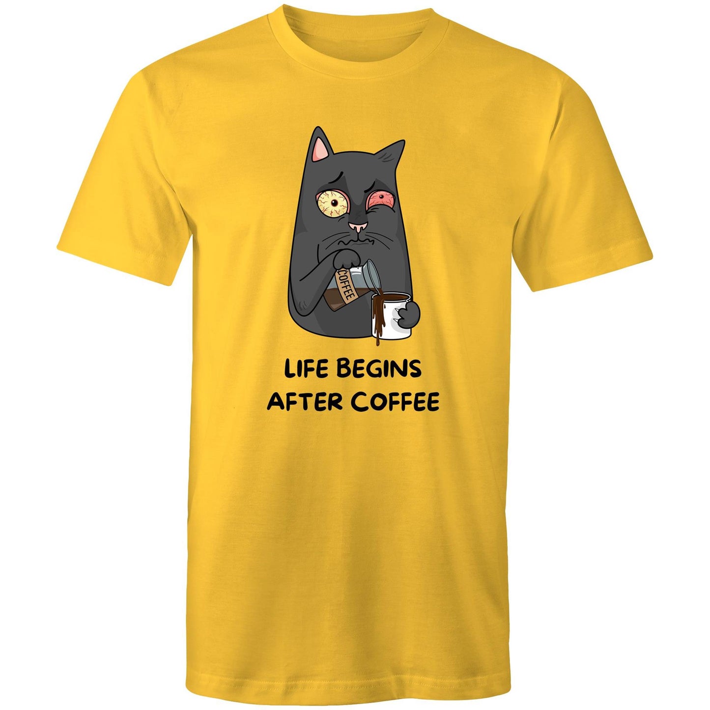 Cat, Life Begins After Coffee - Mens T-Shirt Yellow Mens T-shirt animal Coffee Funny