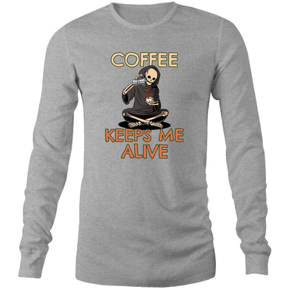 Skeleton, Coffee Keeps Me Alive - Long Sleeve T-Shirt Grey Marle Unisex Long Sleeve T-shirt Coffee