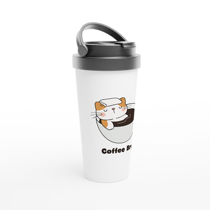 Cat Coffee Break - White 15oz Stainless Steel Travel Mug Travel Mug animal Coffee Globally Fulfilled