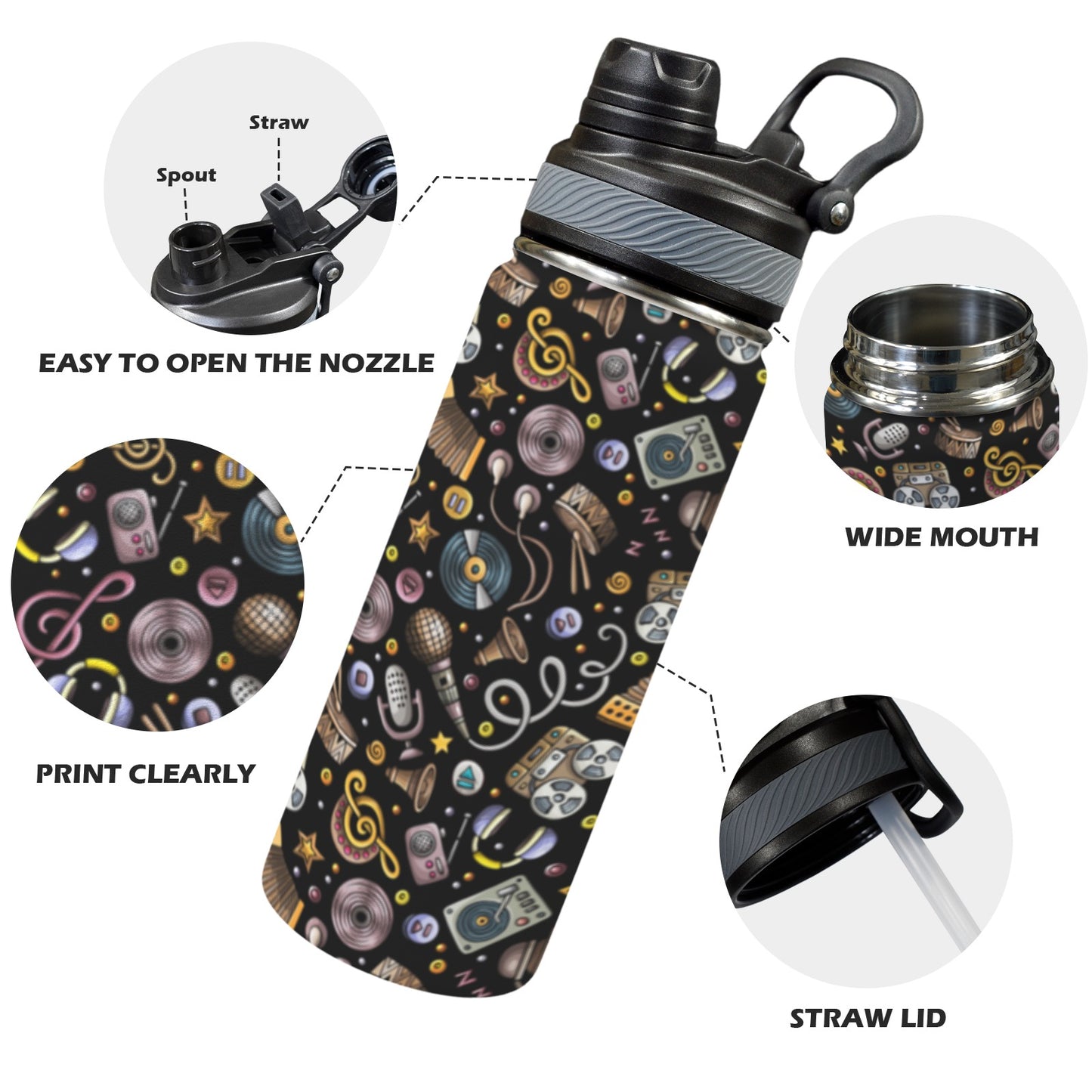 Retro Music Mix - Insulated Water Bottle with Dual-Use Lid (18oz) Insulated Water Bottle with Dual-Use Lid (18oz) Music Printed Offshore